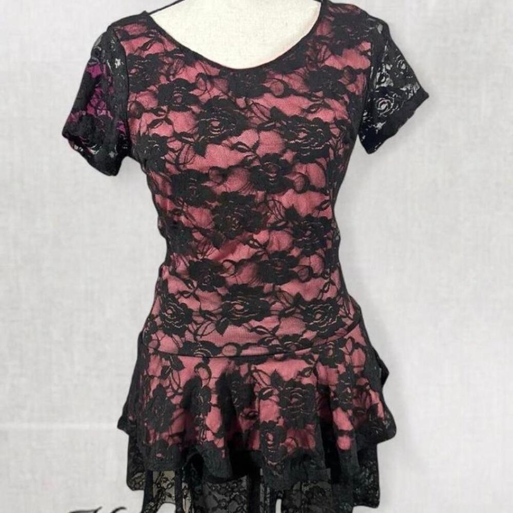 Goth Lace Pink and Black Vampy Top with Ruffle Bottom